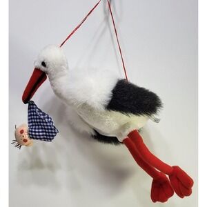 Hanging Stork Plush with Baby Doll Red Legs 15in Vintage Austrian Stuffed Animal